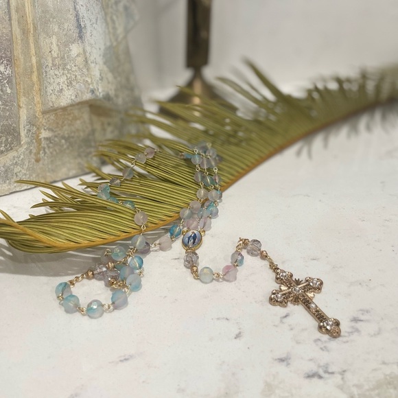 Handmade Pink/Blue Rosary with Gold Accents - Picture 2 of 2